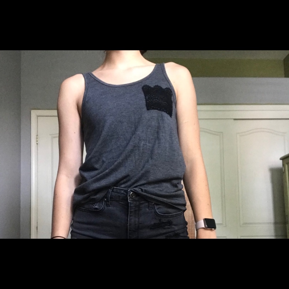 Heather grey tank top with lace pocket detail